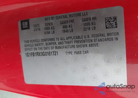 2016 Chevrolet Camaro 1Lt из США, поврежденный, VIN 1G1FB1RX9G0161721